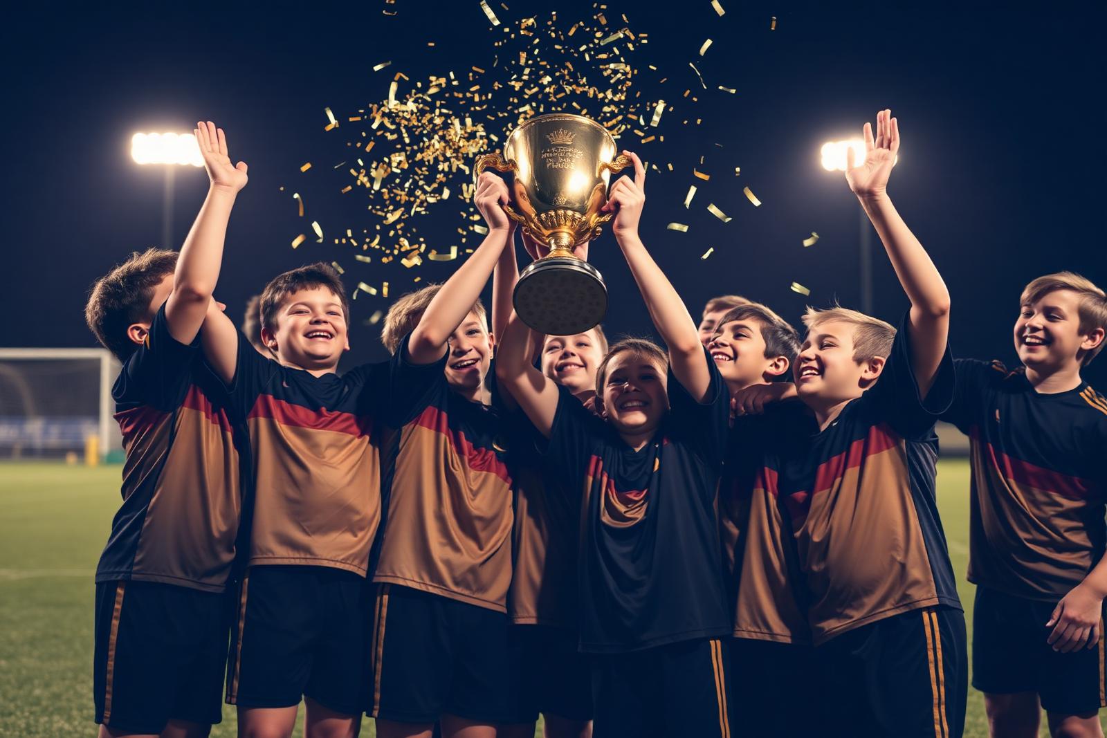Jeunes joueurs soulevant le trophée sous les confettis dorés